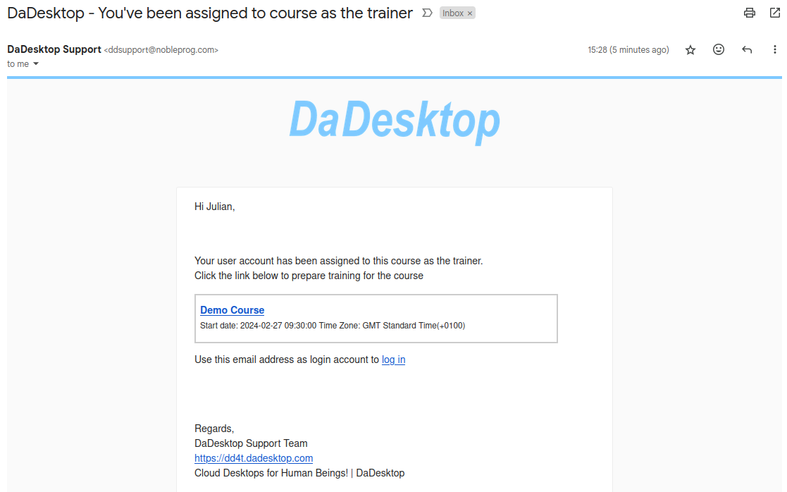 Trainer receives an email concerning course assignment